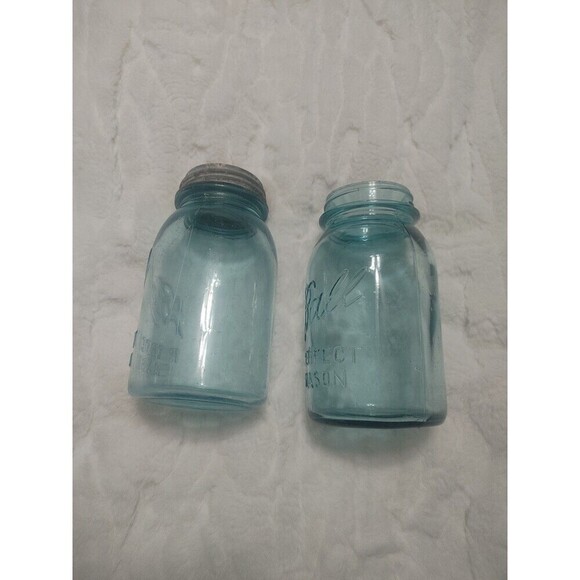 Vintage Blue Glass Ball Mason Jar Extended A Bubbles One Zinc Lid 2 Jars - Picture 2 of 13